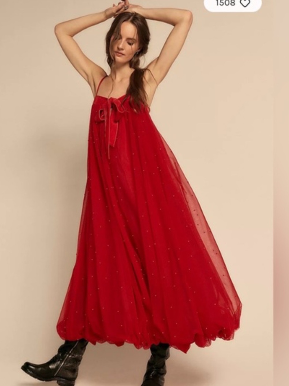 Free People Red Pearl Embellished Spaghetti-Strap Bubble Hem Maxi Dress